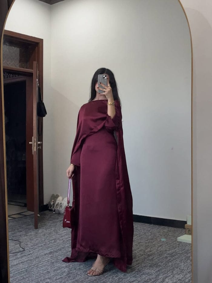 Zarmina – Premium Silk Cape Maxi in Maroon and Black