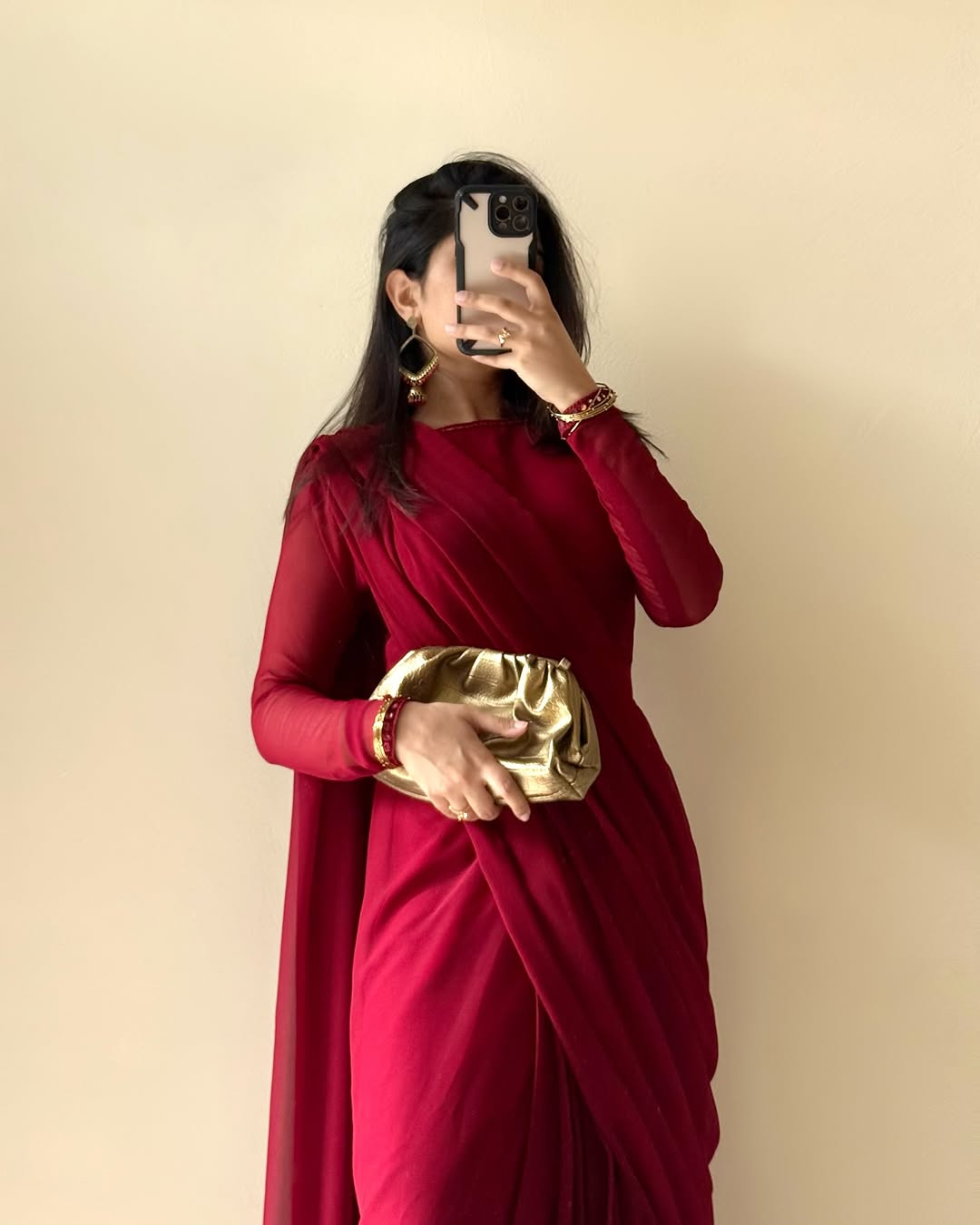 Gulnaar – Deep Maroon Chiffon Saree Elegance