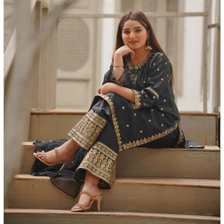 Noori 🩶 Black 3PC silk embroidered stitched dress