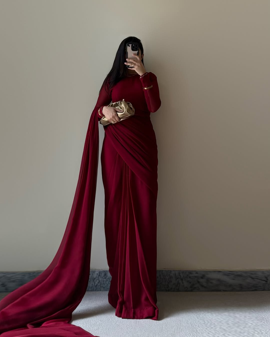 Gulnaar – Deep Maroon Chiffon Saree Elegance