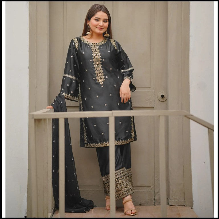 Noori 🩶 Black 3PC silk embroidered stitched dress
